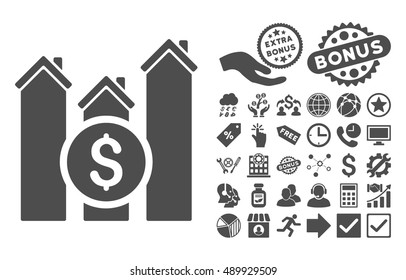 Realty Price Charts icon with bonus elements. Vector illustration style is flat iconic symbols, gray color, white background.