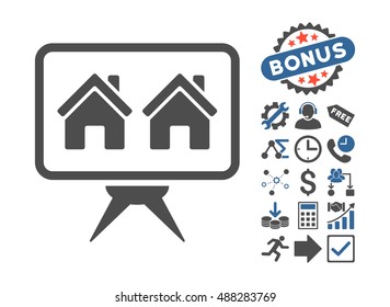 Realty Project icon with bonus clip art. Vector illustration style is flat iconic bicolor symbols, cobalt and gray colors, white background.
