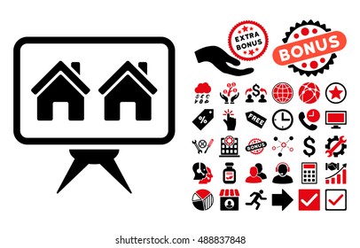 Realty Project icon with bonus design elements. Vector illustration style is flat iconic bicolor symbols, intensive red and black colors, white background.