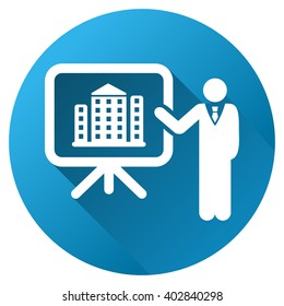 Realty Project Presentation vector toolbar icon for software design. Style is a white symbol on a round blue circle with gradient shadow.