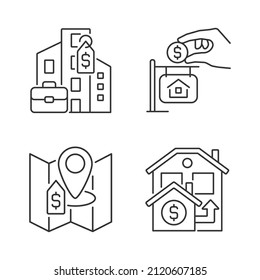 Realty purchasing types linear icons set. Commercial and private property. Real estate price. Customizable thin line symbols. Isolated vector outline illustrations. Editable stroke