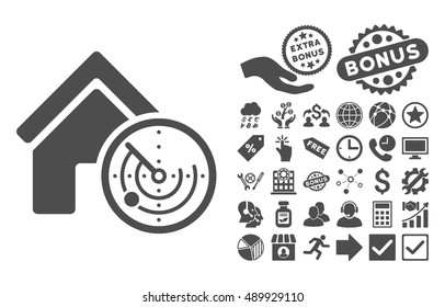 Realty Radar icon with bonus images. Vector illustration style is flat iconic symbols, gray color, white background.