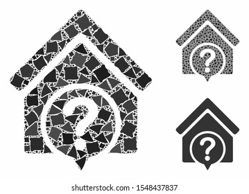 Realty state composition of rough parts in variable sizes and color tints, based on realty state icon. Vector raggy parts are composed into collage. Realty state icons collage with dotted pattern.
