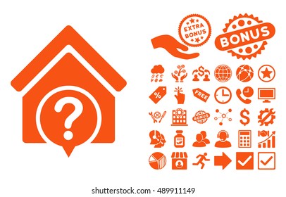 Realty State icon with bonus pictures. Vector illustration style is flat iconic symbols, orange color, white background.