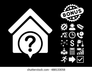 Realty State icon with bonus icon set. Vector illustration style is flat iconic symbols, white color, black background.