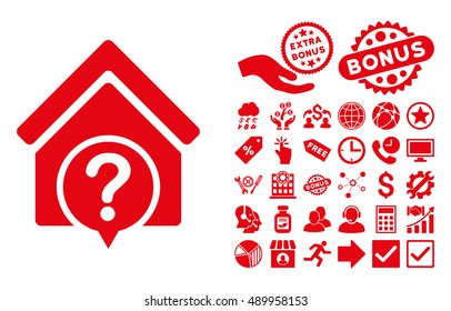 Realty State pictograph with bonus symbols. Vector illustration style is flat iconic symbols, red color, white background.