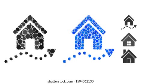 Realty trend composition of small circles in variable sizes and color hues, based on realty trend icon. Vector small circles are united into blue illustration.