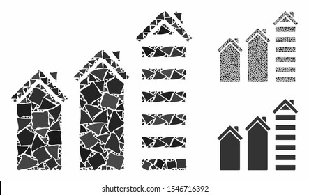 Realty trend mosaic of bumpy pieces in variable sizes and color tinges, based on realty trend icon. Vector uneven pieces are united into mosaic. Realty trend icons collage with dotted pattern.