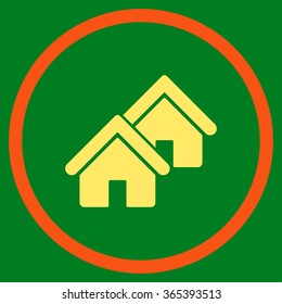Realty vector icon. Style is bicolor flat circled symbol, orange and yellow colors, rounded angles, green background.