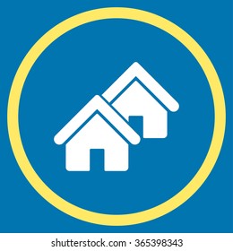Realty vector icon. Style is bicolor flat circled symbol, yellow and white colors, rounded angles, blue background.