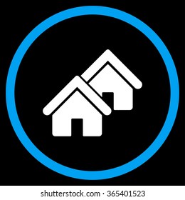 Realty vector icon. Style is bicolor flat circled symbol, blue and white colors, rounded angles, black background.