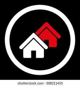 Realty vector icon. This rounded flat symbol is drawn with red and white colors on a black background.