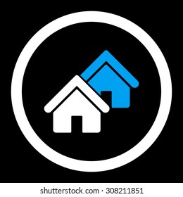 Realty vector icon. This rounded flat symbol is drawn with blue and white colors on a black background.