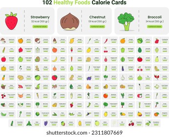 Real-value calorie cards vector. Illustrated healthy foods with accurate calorie info. Ideal for use in Gyms, Health Clubs, Nutrition Classes and for Personal Diet and Weight Management Guidance.