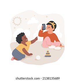 Real-world play isolated cartoon vector illustration. Toddlers play real-world, children using toy phone, pretend game, social and emotional skills, kindergarten activity vector cartoon.