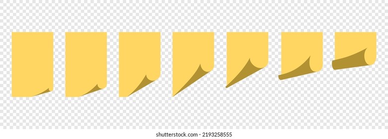 Realystic set stick note isolated on transparent background. Yellow sticky notes. Sticky note set with curled corners and shadows.