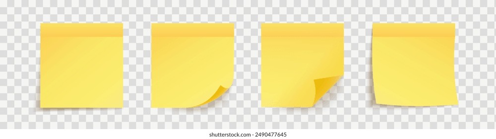 Realystic stick note set. Yellow color reminder stickers. Square sheets of paper with curled corner and shadow. Vector illustration