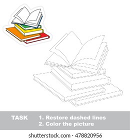 Ream of books in vector to be traced. Restore dashed line and color the picture. Tracing game for preschool children. Easy game level.