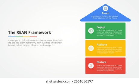 Concepto de infografía de marco REAN para presentación de diapositivas con dirección superior de flecha y estructura de pila de caja con lista de 4 puntos con Vector de estilo plano