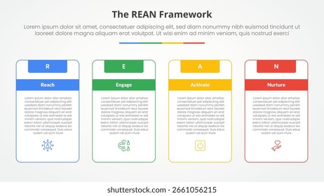 Concepto de infografía de marco REAN para presentación de diapositivas con cuadro de tabla de contorno grande y encabezado fuerte con lista de 4 puntos con Vector de estilo plano