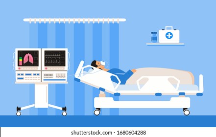 Reanimation equipment for unconscious patients. Intensive care unit clinic with air oxygen sensor for medical ventilation. Treatment of patient with coronavirus, virus outbreak concept vector. 