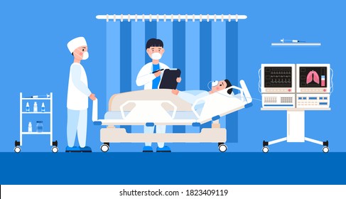 Reanimation equipment for unconscious patients. Intensive care unit clinic with air oxygen sensor for medical ventilation. Doctors treat patient with coronavirus concept vector. 