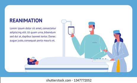 Reanimation Flat Vector Template with Text Space. Emergency Room. Ambulance. Unconscious Patient on Bed. Doctor and Nurse Characters. Surgeon In Operating Room. Intravenous Drip in Hospital