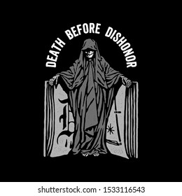 Reaper and book with the words death before dishonor. Design for printing on t-shirts, stickers and more. Vector.