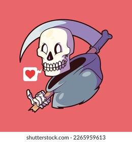 Reaper character holding a scythe vector illustration. Funny, scary, mascot design concept.