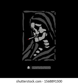 Reaper with a cigarette. Design for printing on t-shirts, stickers and more. Vector.