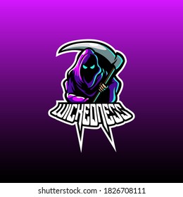 Reaper esport logo mascot illustration. purple costume with purple gradient background. mascot character for gaming logo