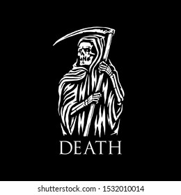  Reaper and the inscription death. Design for printing on t-shirts, stickers and more. Vector.