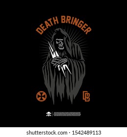 A reaper with lightnings in his hands. Design for printing on t-shirts, stickers and more. Vector.