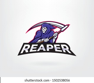 Reaper mascot character logo. Grim reaper esport gaming mascot logo template. Angel of death esport gaming mascot logo template. Vector illustration