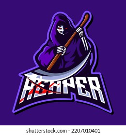 Reaper mascot logo design illustration vector isolated on dark purple background for team esport gaming