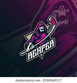 Diseño del logotipo de la mascota del segador con estilo moderno del concepto de la ilustración para la impresión de la insignia, del emblema y de la camiseta. Ilustración de hockey Reaper para equipo deportivo.