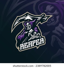 Reaper mascot logo design vector with concept style for badge, emblem and t shirt printing. Angry reaper illustration for sport and esport team.