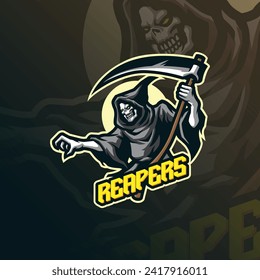 Reaper mascot logo design vector with modern illustration concept style for badge, emblem and t shirt printing. Angry reaper illustration for sport and esport team.