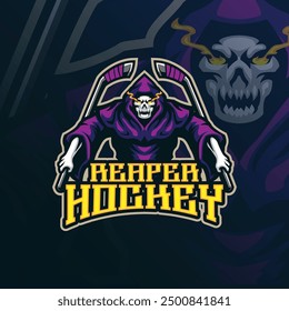 Vector del diseño del logotipo de la mascota del segador con estilo moderno del concepto de la ilustración para la insignia, el emblema y la impresión de la camiseta. Ilustración de hockey Reaper para el deporte y el equipo de deportes electrónicos.