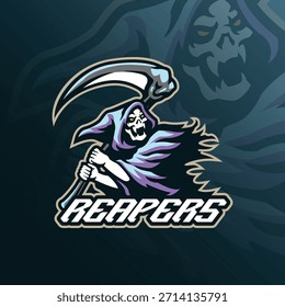 Reaper mascot logo design vector. Angry reaper illustration for sport team.