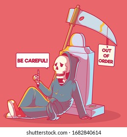 Reaper near a grave vector illustration. Death, tired, danger design concept 
