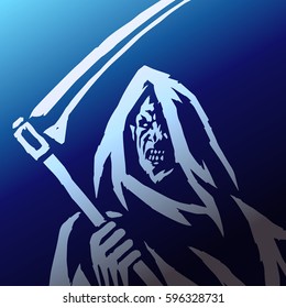 Reaper Phantom. Head in the Hood. Scary Horror Character Face.  Isolated Vector Illustration.