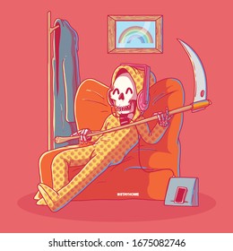 Reaper in pijama vector illustration. Quarantine, home, living, technology design concept	
