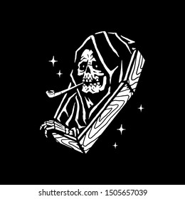  Reaper with a pipe. Design for t-shirts, stickers and more. Vector.