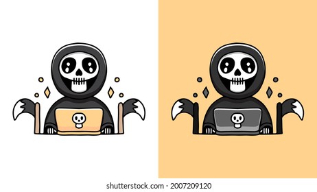 the reaper playing laptop cartoon in retro style. illustration for t shirt, poster, logo, sticker, or apparel merchandise.