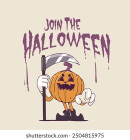 Carácter de Halloween de la calabaza del segador en estilo retro vintage para su diseño del acontecimiento, del regalo, de la Mercancía y de la camiseta.