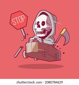 Reaper racing a coffin car vector illustration. Funny, sports, comics design concept.