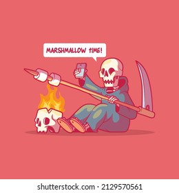 Reaper roasting marshmallows vector illustration. Funny, activity, food design concept.