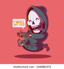 Reaper running vector illustration. Skeleton, reaper, death, comics, cartoon, cute design concept