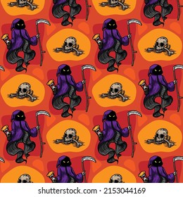 Reaper and skull bright vector seamless pattern
